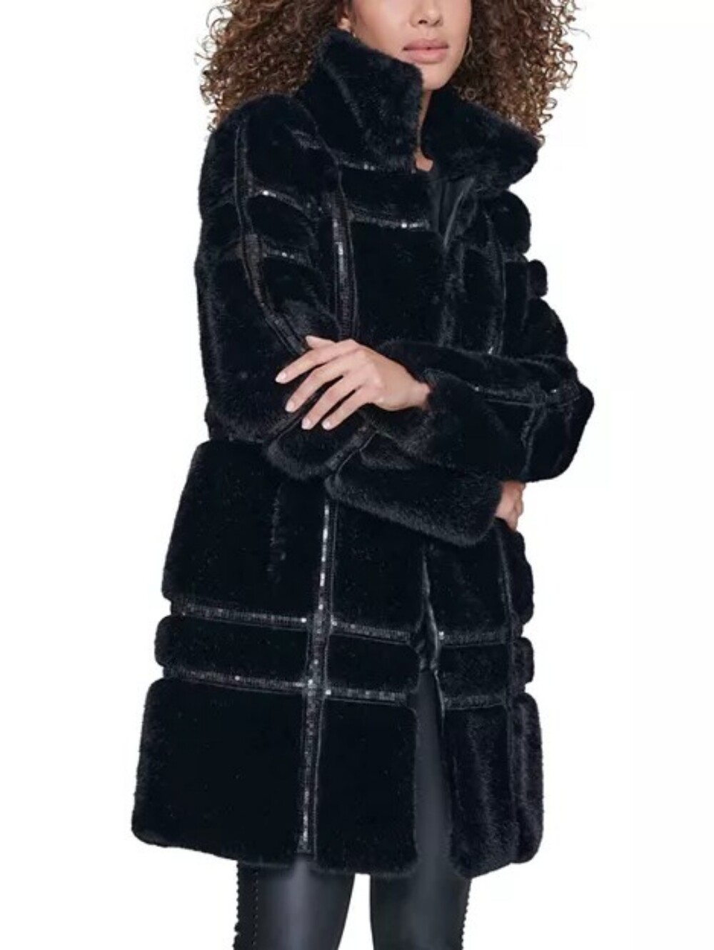 Paris Faux Fur Sequin Mid-Length Coat M 6 8